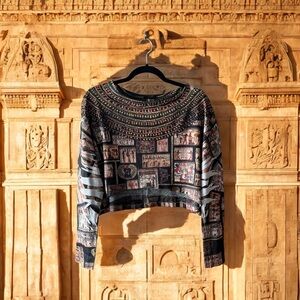 Blush Black/Brown/Beige/Mixed Egyptian Theme Artsy Print Knit  Cropped Top